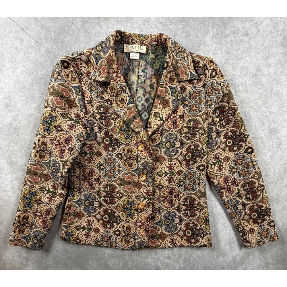 Gemilli Vintage Womens Petite Small Blazer Cotton Tapestry Floral USA Made